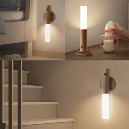 Rechargeable Human Body Induction Night Light Magnetic Motion Sensor Wood Wall Lamp Cabinet Light for Kitchen Stairs Wardrobe